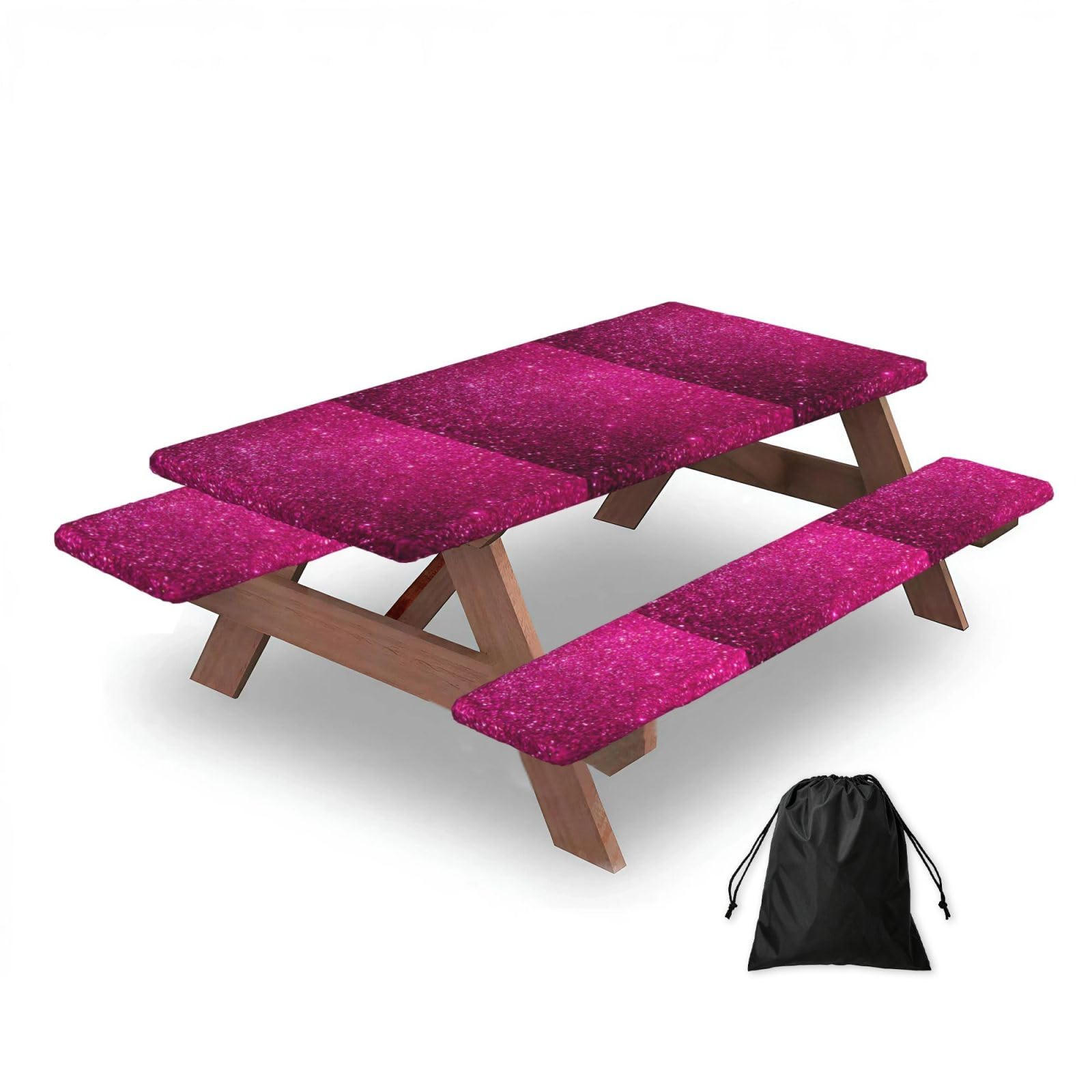 Dopklna As Picture Pink Sparkly Glitter, Picnic Table Cover With Bench Covers -Waterproof Elastic Fitted Tablecloth For Garden Camping Patio 76X152cm