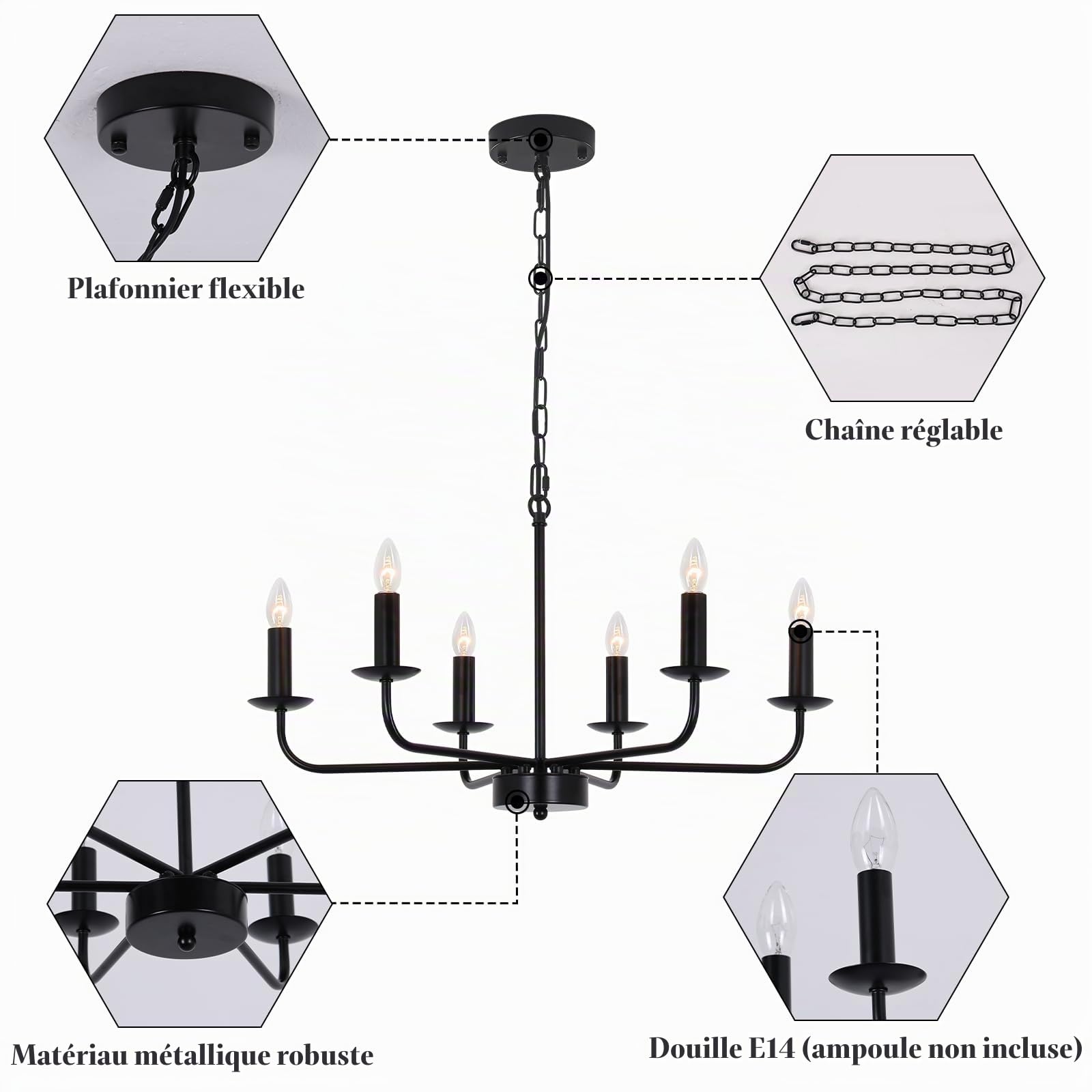 Lustre Industriel Noir, 6 Lumières Lustre Vintage Suspension Luminaire Salon Moderne, Réglable Metal Industrielle Plafonnier Noir pour Chambre, Salle a Manger, Cuisine, Couloir