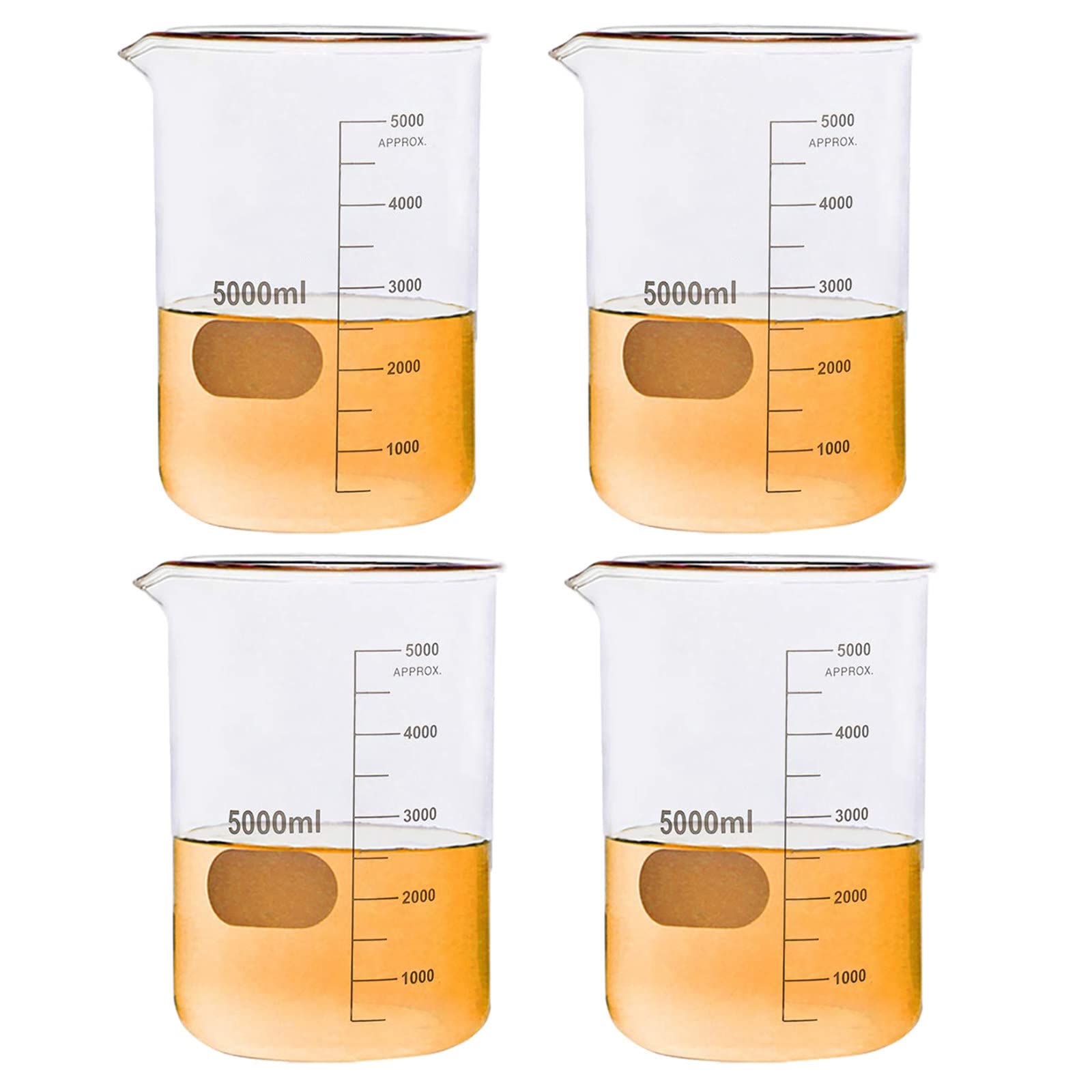 Vasos de precipitados de vidrio de forma baja, volumen 5000 ml, vaso de precipitados de laboratorio de borosilicato engrosado, vaso de precipitados de medición graduado con pico, 260 mm de altura, 1