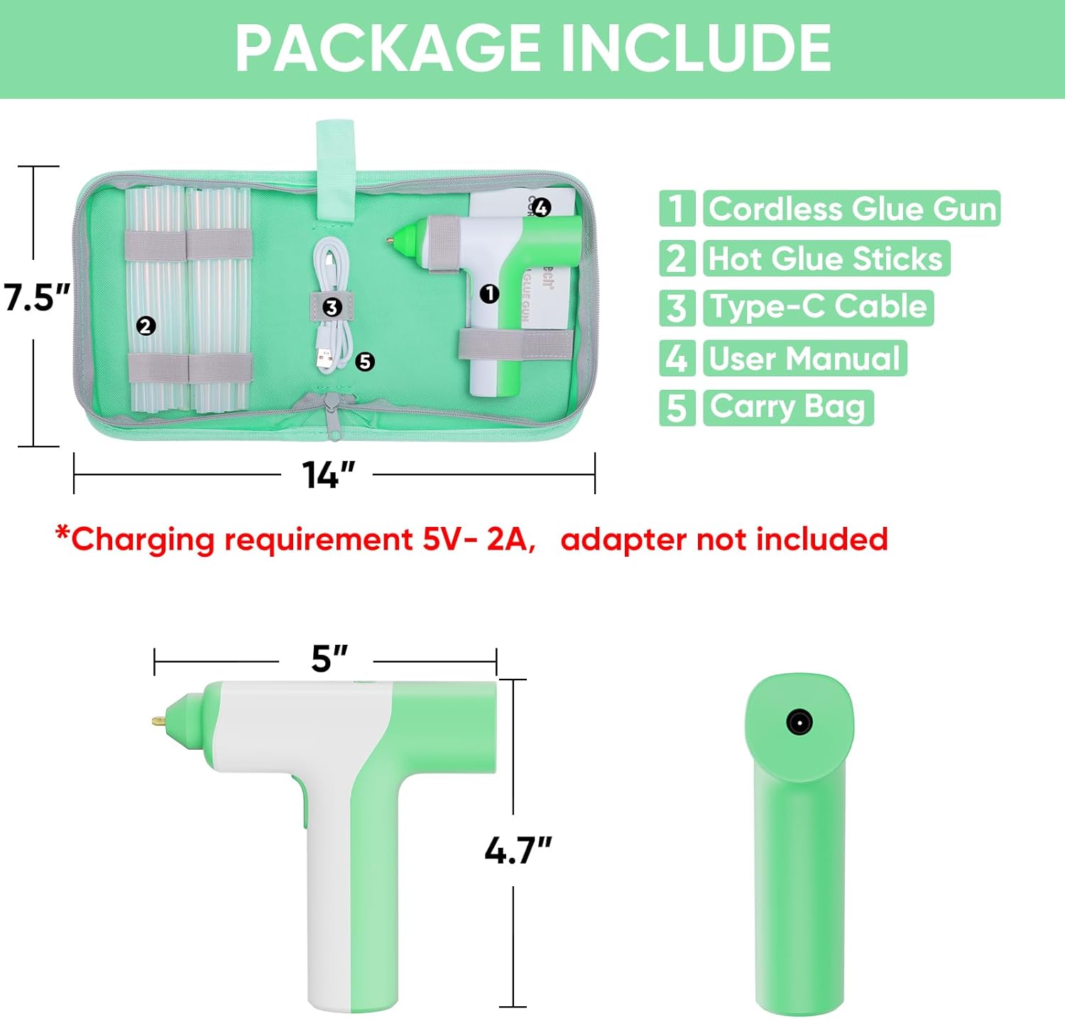 ROMECH Cordless Hot Glue Gun, Auto Dispensing Craft Glue Gun with 30 Pcs Glue Sticks, 3Ah Type-C Rechargeable Glue Gun Kit with Storage Case (Light Green)