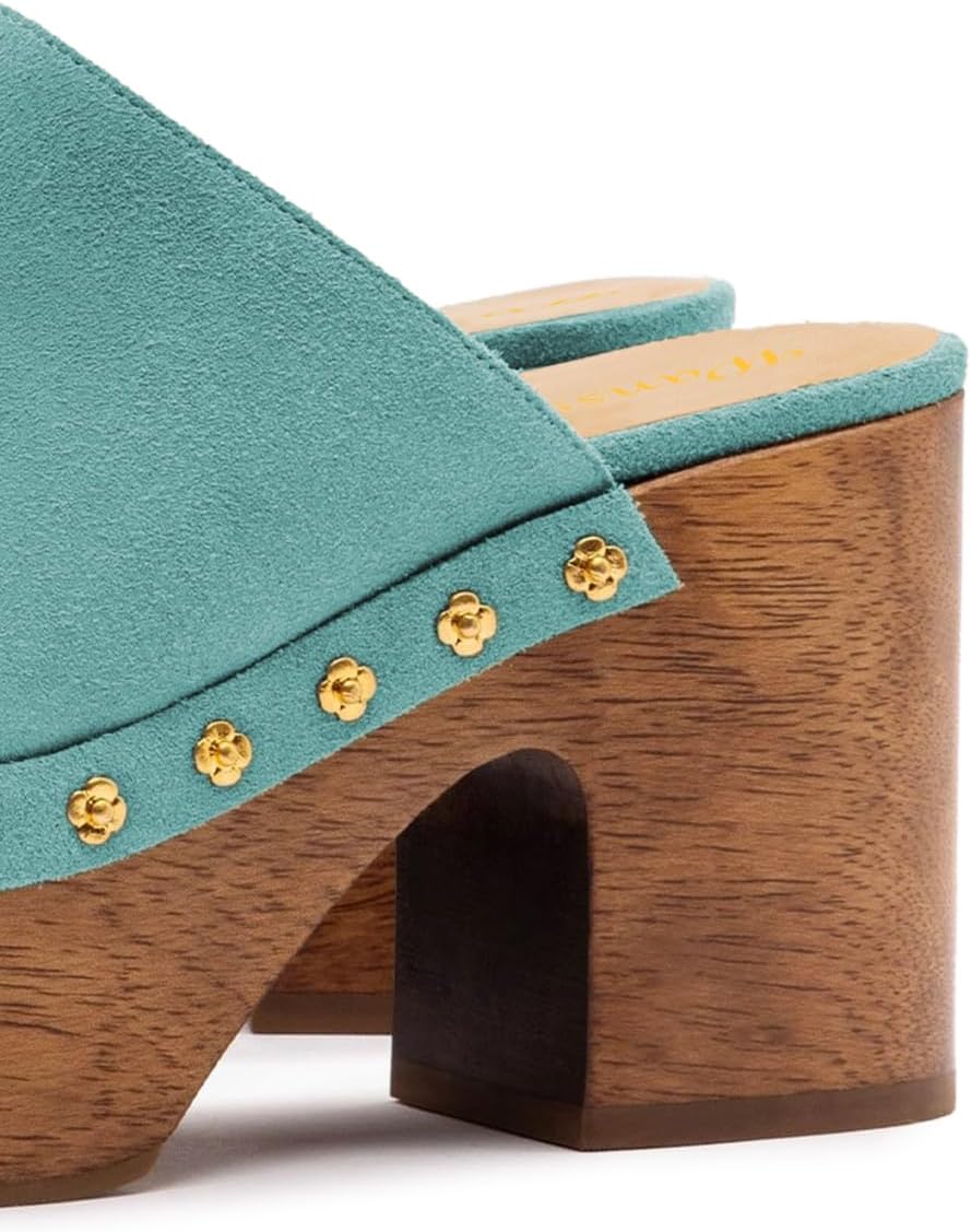 Women Closed Round Toe Studded Platform Mule Slip on Cork Chunky Block High Heel Clogs Comfy Fashion Slides Size 4-16 US