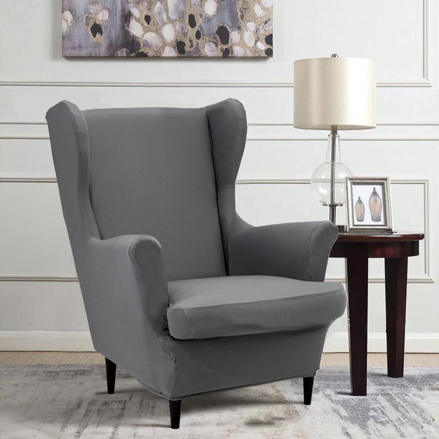 Stretch Wingback Sofa Covers Soft Washable Wingback Chair Sofa Slipcover 2 Pieces Solid Color Polyester Wing Back Chair Slipcovers -Sky Blue