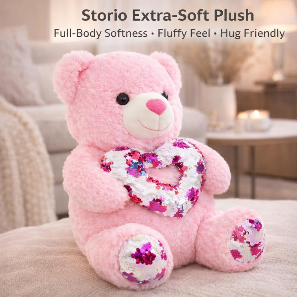 Storio Pink Teddy Bear with Red Heart 30 CM | Cute Soft Plush Stuffed Toy for Girls | Love, Valentine, Anniversary & Birthday Gift | Teddy Bear for Girlfriend, Baby Girl & Kids 1