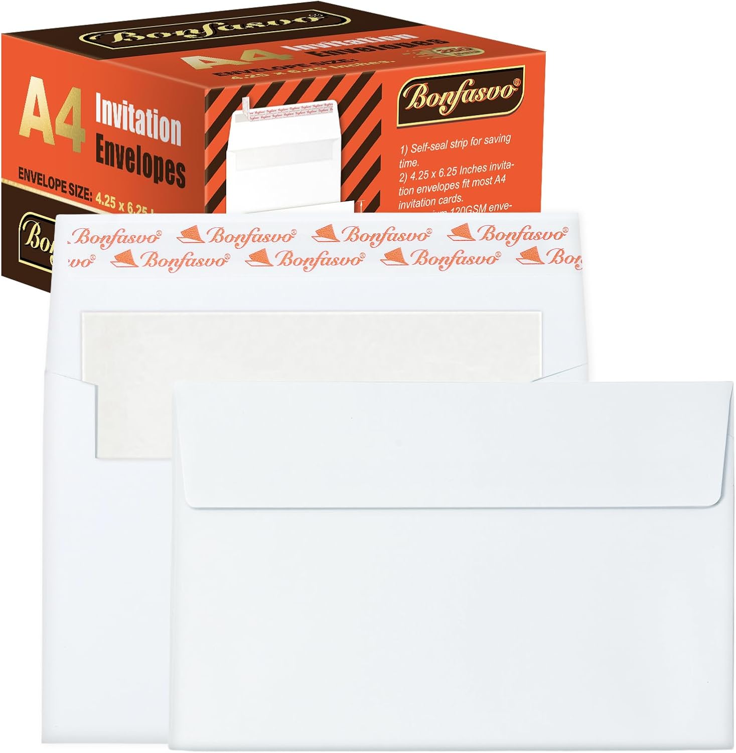 Bonfasvo A4 Invitation Envelopes, 4.25 x 6.25 Inches, Self-Sealing, white, 250 Count