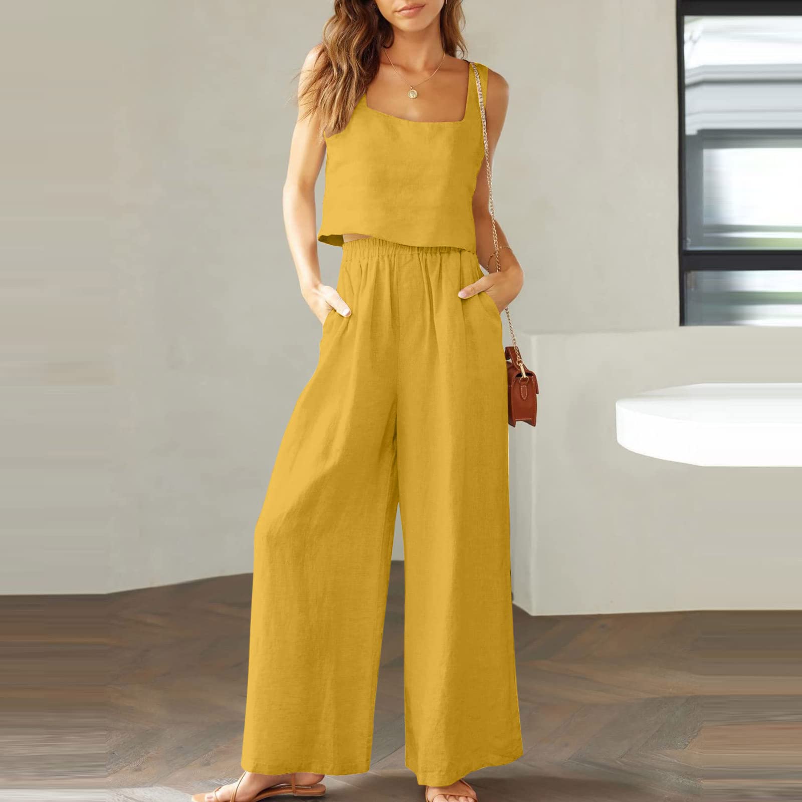 TIMIFIS 2 pezzi di cotone lino abiti per le donne estate casual canotta crop top gamba larga pantaloni lunghi set vacanza con tasca