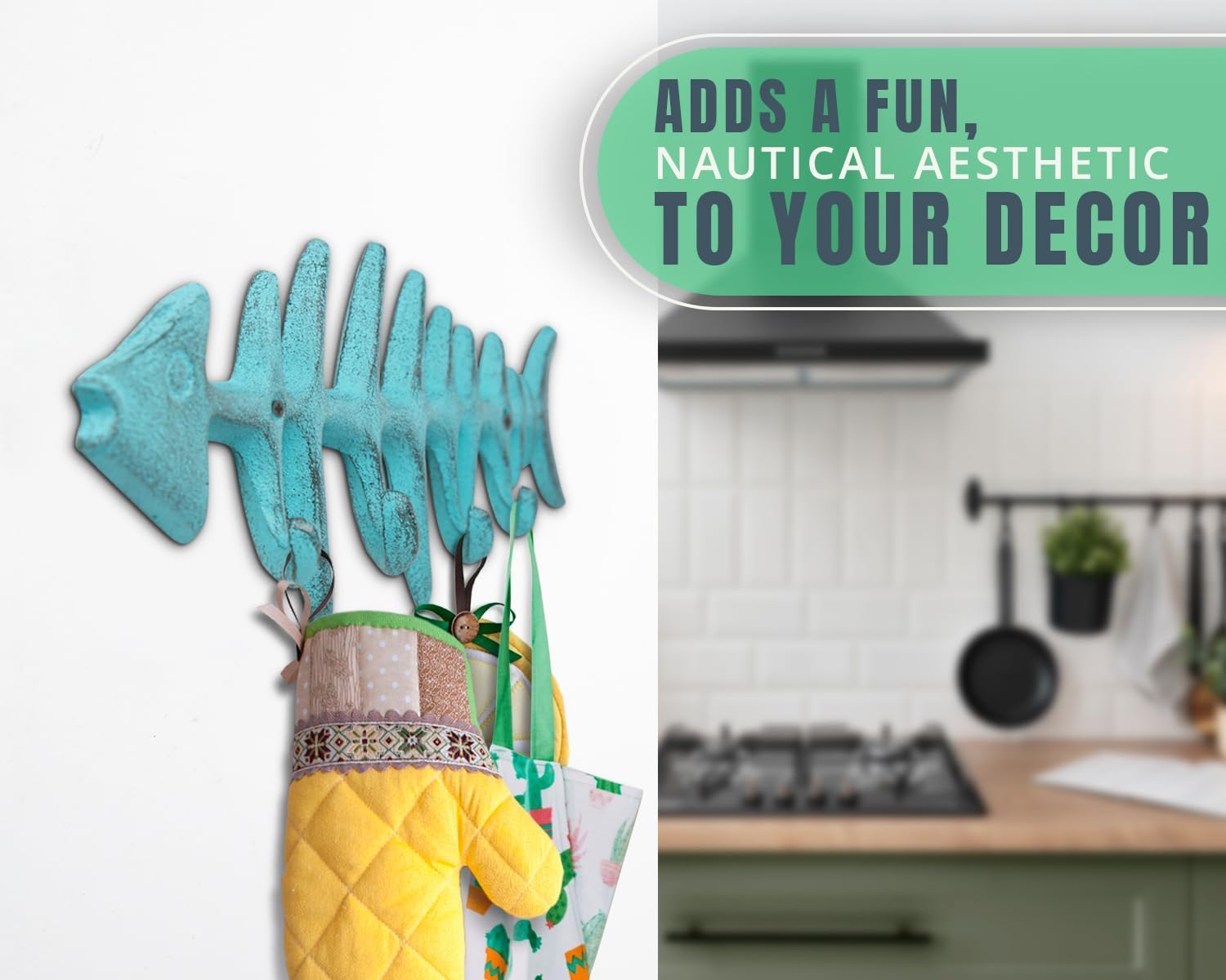 Comfify Fish Bones Wall Mounted Towel Rack – Stylish Cast Iron Hanger with 4 Hooks – Includes Screws and Anchors – Teal Blue - Image 7