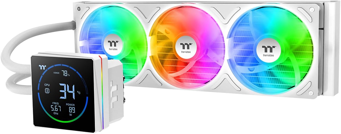 Thermaltake TH360-S V3 ARGB CPU Liquid Cooler; Intel/AMD; 1x360mm 500~2500rpm Single Frame ARGB Fan; 3.95" Segment Code LCD; Rotatable Pump Head; TT Segment LCD Software; Snow; CL-W472-PL12SW-A