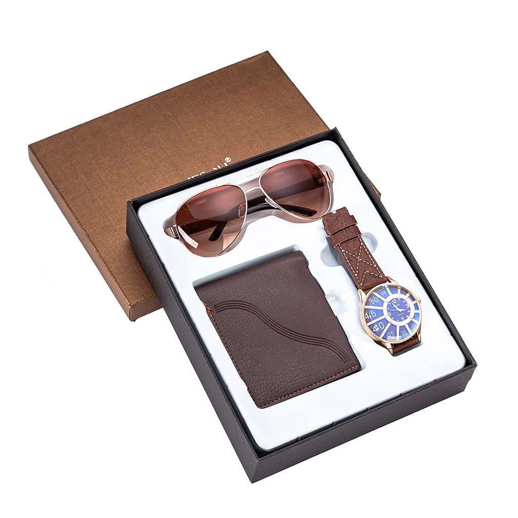 HMTE Business Casual 3 pz/Set Regalo degli Uomini Set Orologio Squisito Occhiali da Sole Cintura in Pelle Set Regali per Gli Uomini Fidanzato papà Regalo di Giorno del Padre
