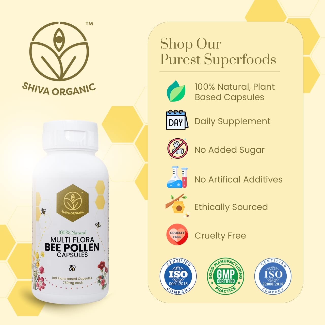 Shiva Organic Multiflora Bee Pollen Capsules - 100% Pure Natural - Plant Based Protein, immunity & Energy Booster | High in Vitamin & Minerals | daily Supplement (750 mg) — Amazon image 2