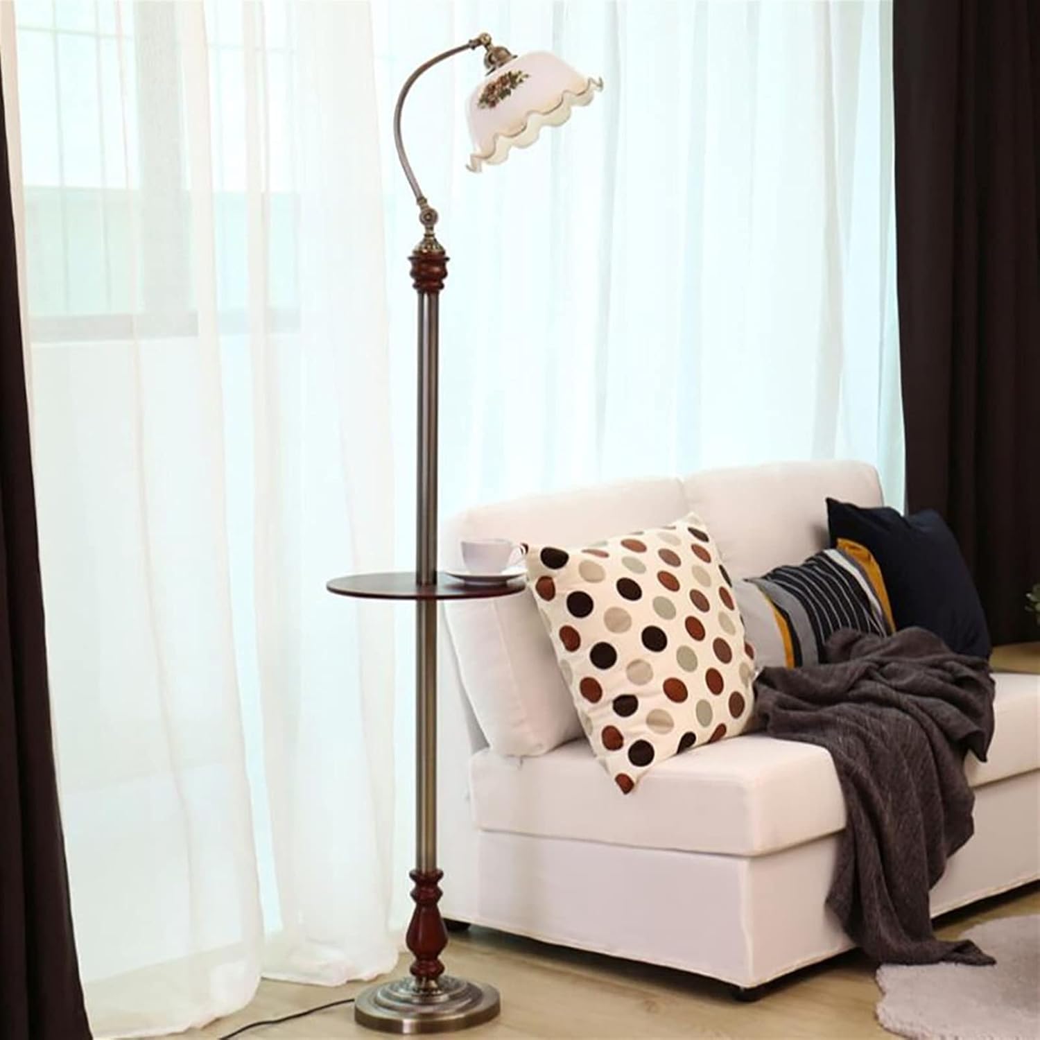Lampa Podłogowa Do Salonu Europejska Lampa Podłogowa Z Drewna, 3-kolorowa Regulowana Lampa Stojąca Z Możliwością Przyciemniania Z Ręcznie Malowanym Szklanym Kloszem Ogrodowym
