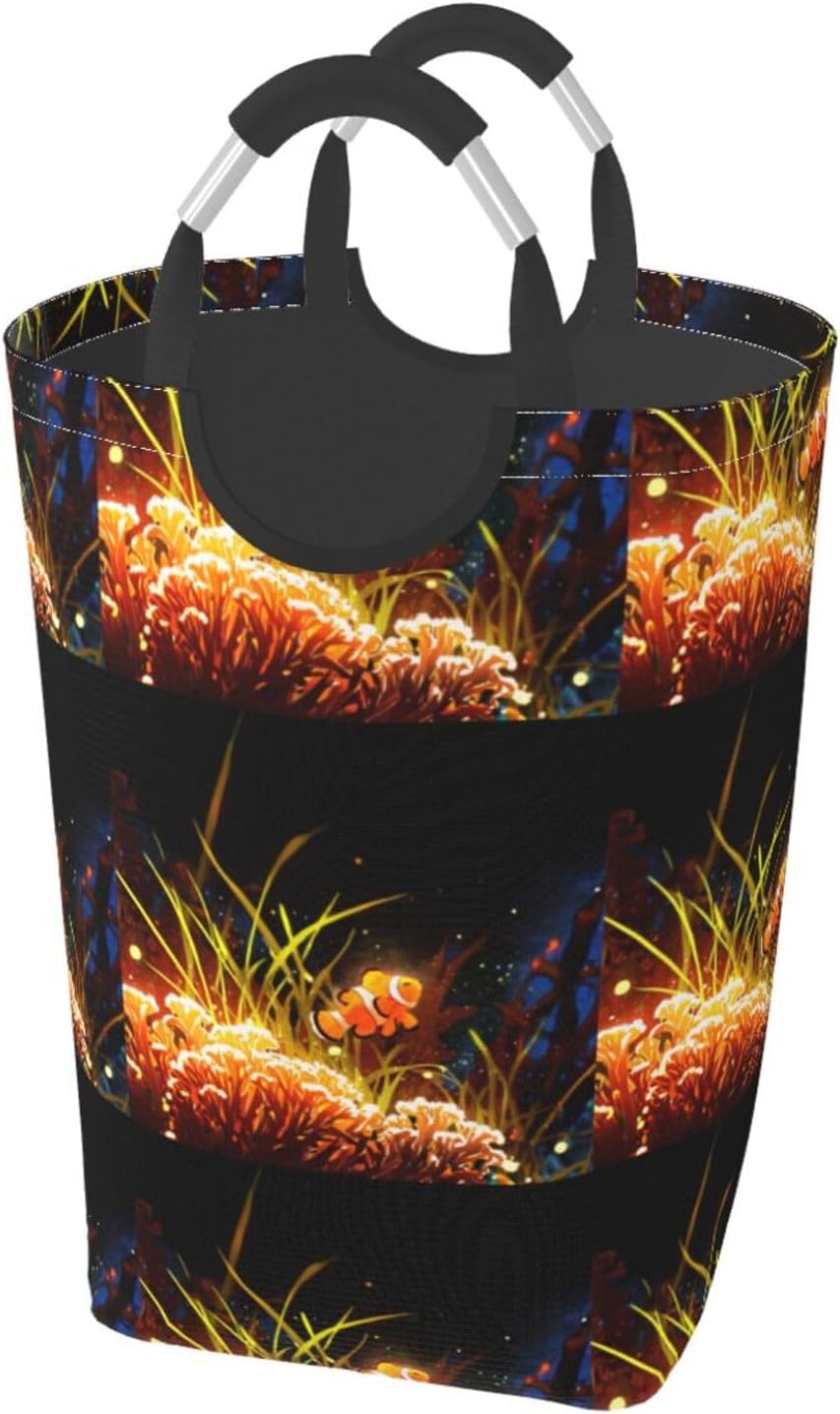 Neon Clownfish Foldable storage bag, 50L capacity, suitable for laundry room, dormitory bedroom, dirty clothes storage basket.
