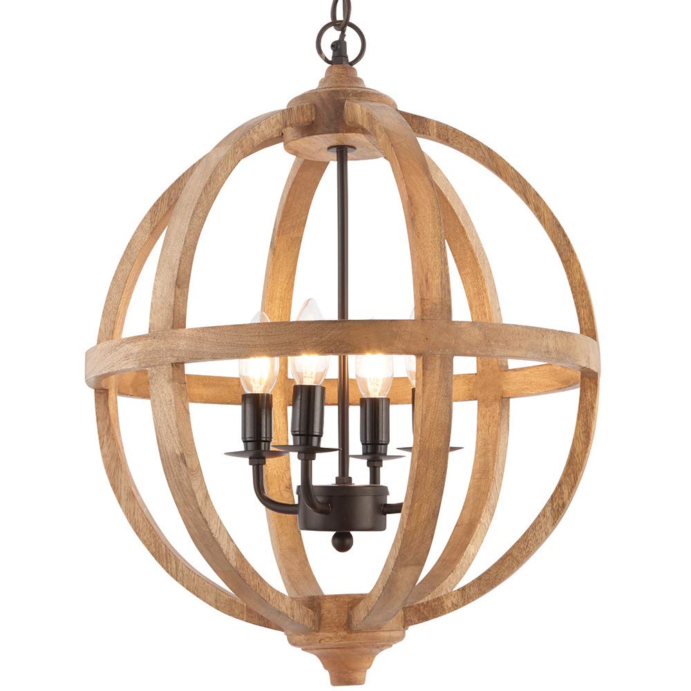 Multi Light Sufit Wisiorek – 4 żarówki mango drewno i ciemny brąz – 40 W E14 żarówka świeczka vintage – solidna okrągła kopuła klosz lampy – łańcuch z regulacją wysokości i zestaw retro róży – kompatybilna z LED