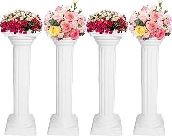 Elegant 4Pcs Roman Column Set - 34 Inch Plastic Greek Column Statues with Flower Pot Pedestal Stands for Wedding Decoration