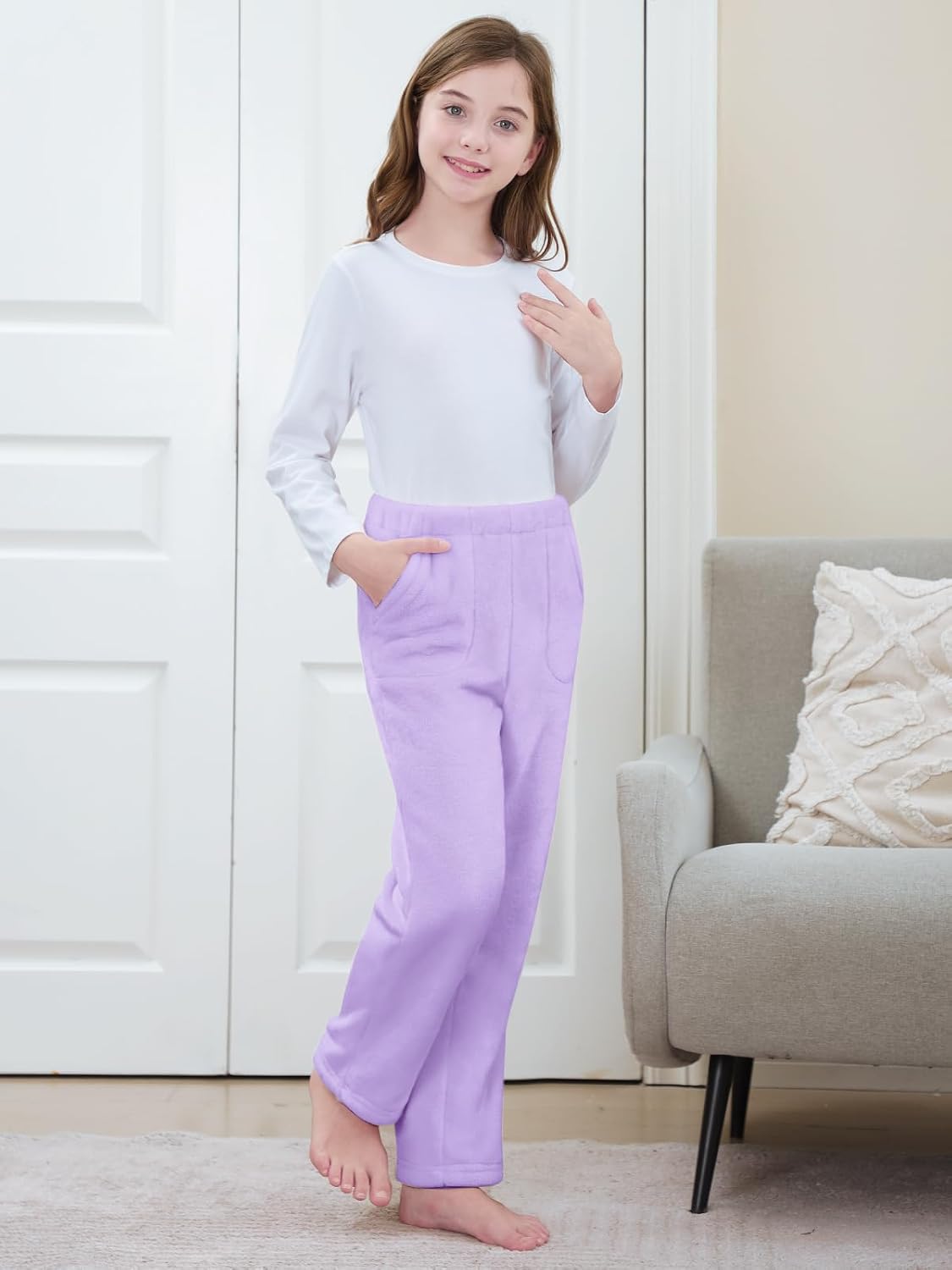 Umeyda Girls & Women Pajamas Pants Soft Fleece Fuzzy Plush Lounge PJ Bottoms with Pockets for Kids, 6Years-XL