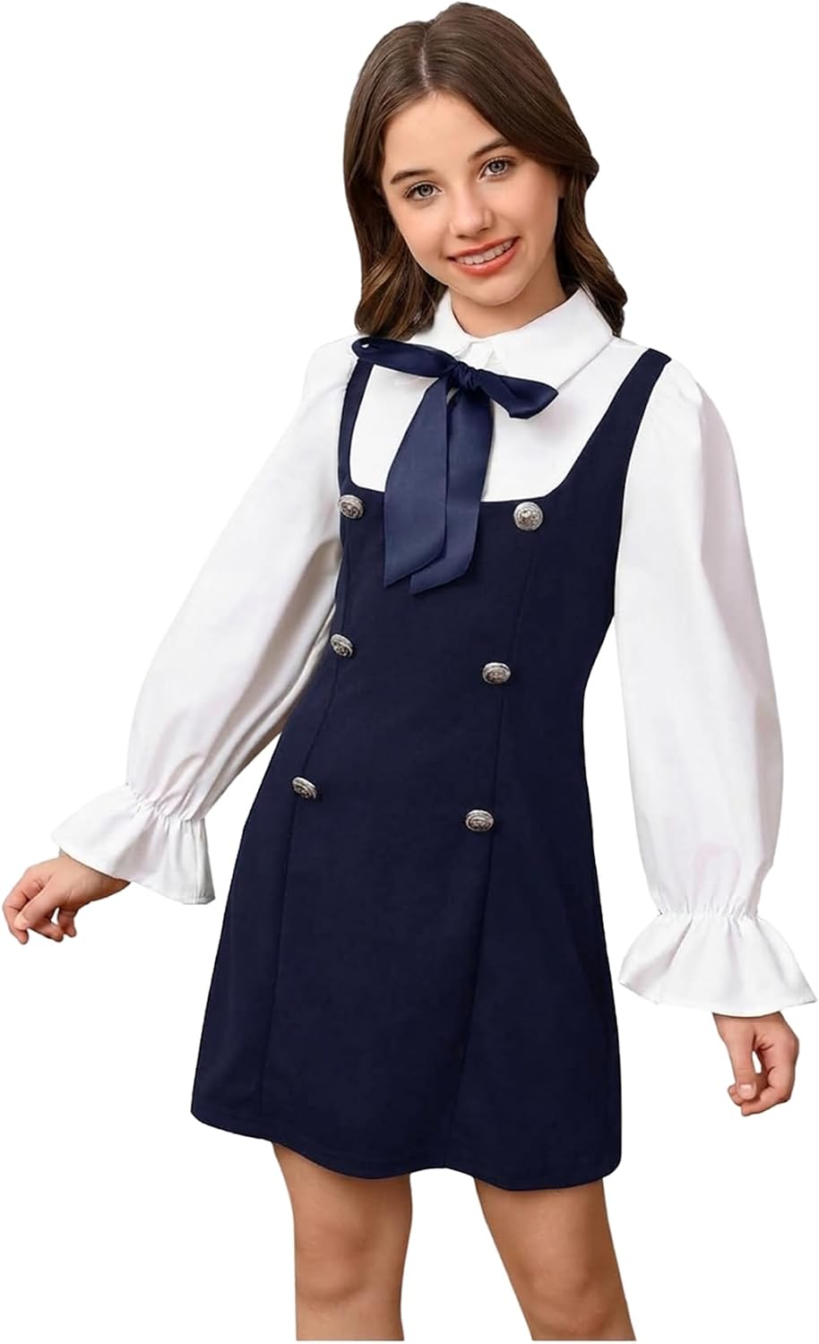 Floerns Girl's Bowknot Collar Patchwork Dress Long Sleeve A Line Dresses