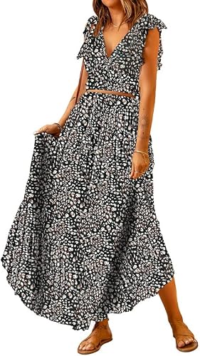 Dokotoo Summer Dresses for Women 2023 Chiffon 2 Piece Skirt Sets Deep V Neck Sexy Boho Dress Ruffle Cap Sleeve Maxi Dress Tie Waist Flowy Wedding Guest Dresses X-Large Black