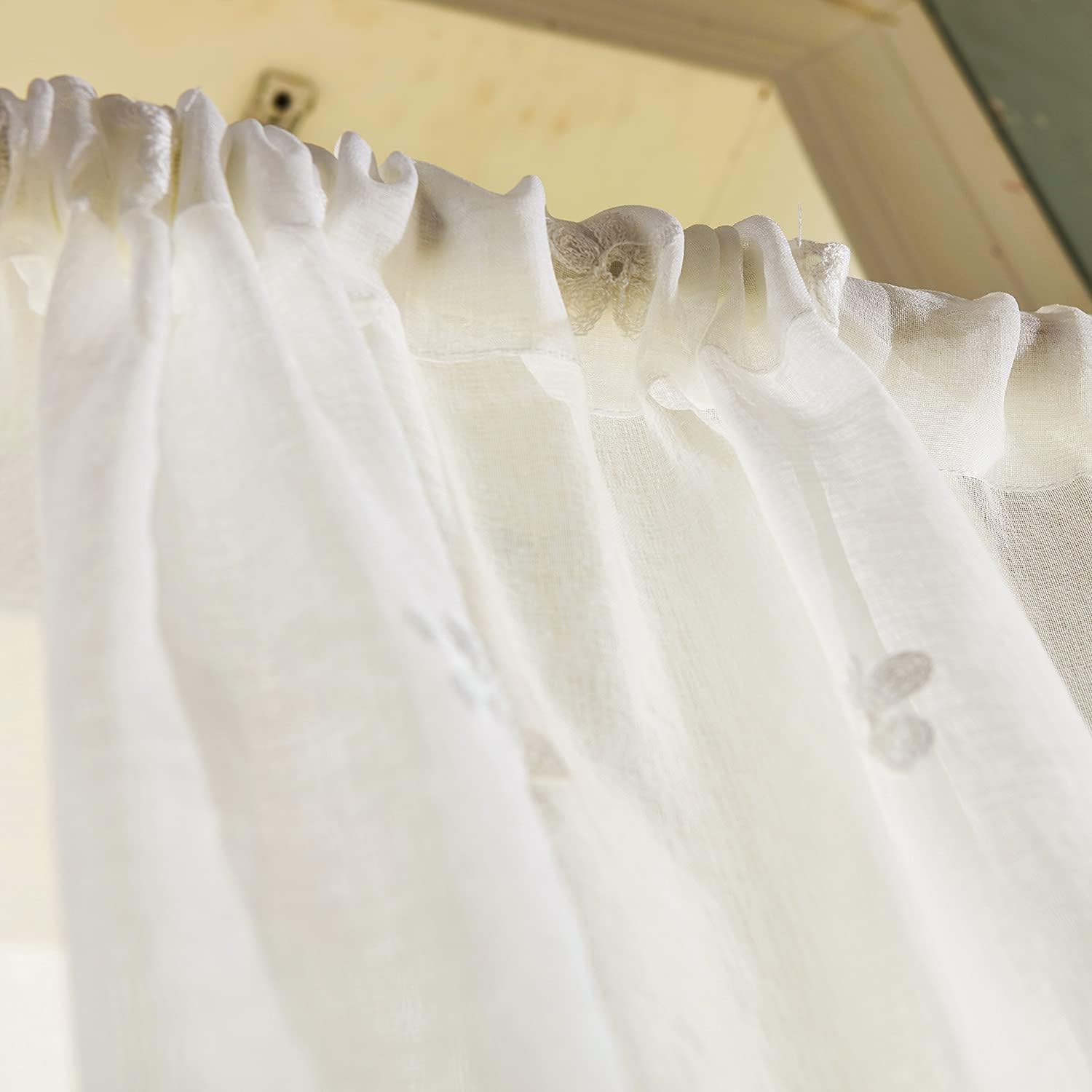 Leeva White Sheer Curtains for Bedroom, Embroidered Floral Linen Semi Transparent Rod Pocket Curtain for Living Room Patio Door, Set of 2, White, 52 x 84