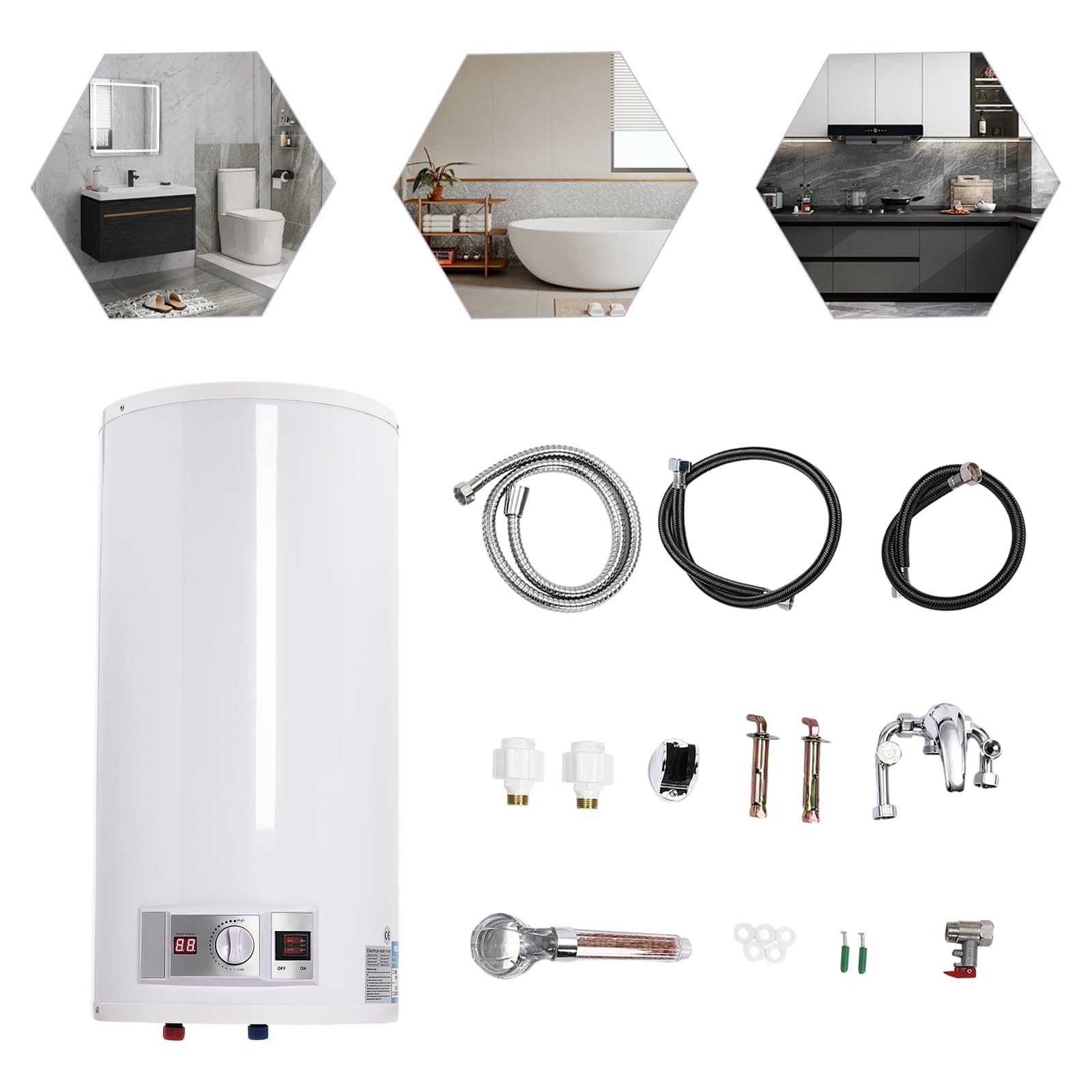 Depósito de agua caliente eléctrico de 80 litros, 2000 W, colgante de pared, calentador de agua caliente de 25 – 75 °C, dispositivo con juego de ducha para cocinas, inodoros, apartamentos
