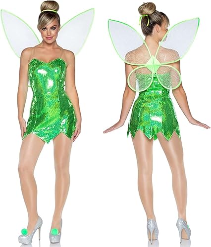 Miniatura 2 de SOLILOQUY Disfraz de hada Pixie para mujer, bonito vestido verde con ala, disfraz de Halloween, fiesta de cosplay
