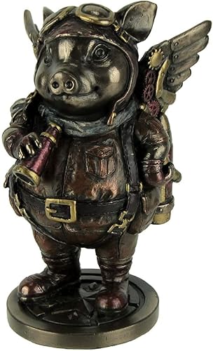 Veronese Design Figura de resina Steampunk Aviator Flying Pig de 5 1/4 pulgadas, acabado de bronce