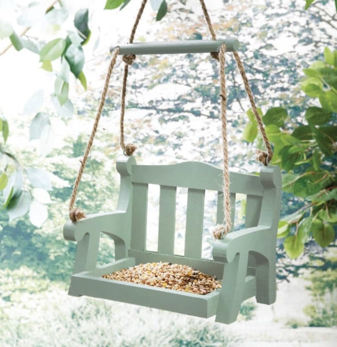 Hanging Swing Bench Bird Feeder, Green, Garden Wildlife Seed Tray with Drainage