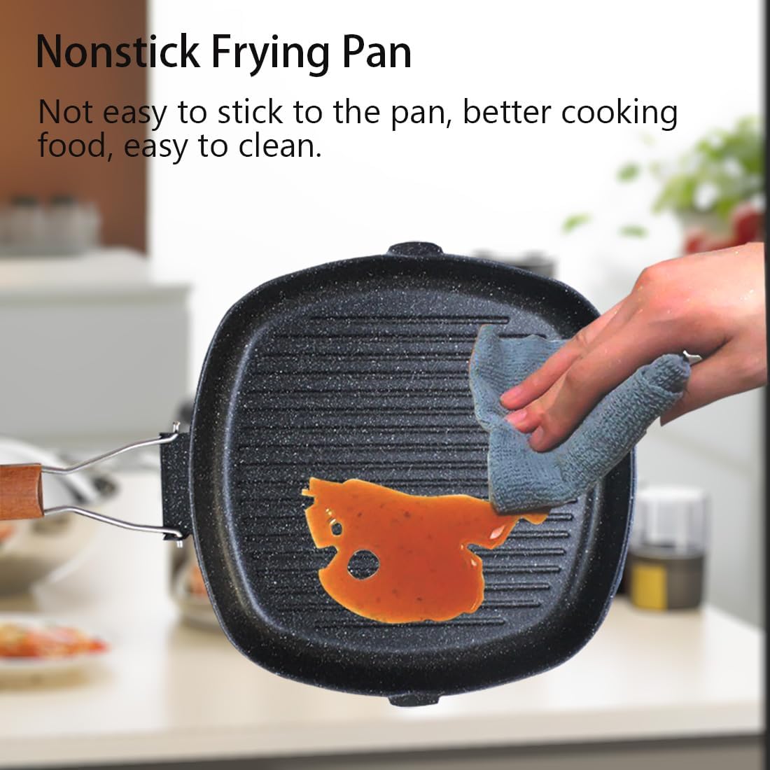 Nonstick Grill Pan with Folding Handle, 11in/ 28cm Lightweight Grill Pan for Stove Tops, 1.76lbs Versatile Griddle Pans with Pour Spouts, Square Grilling Skillet Steak Pan for Indoor Outdoor Camping - Image 5