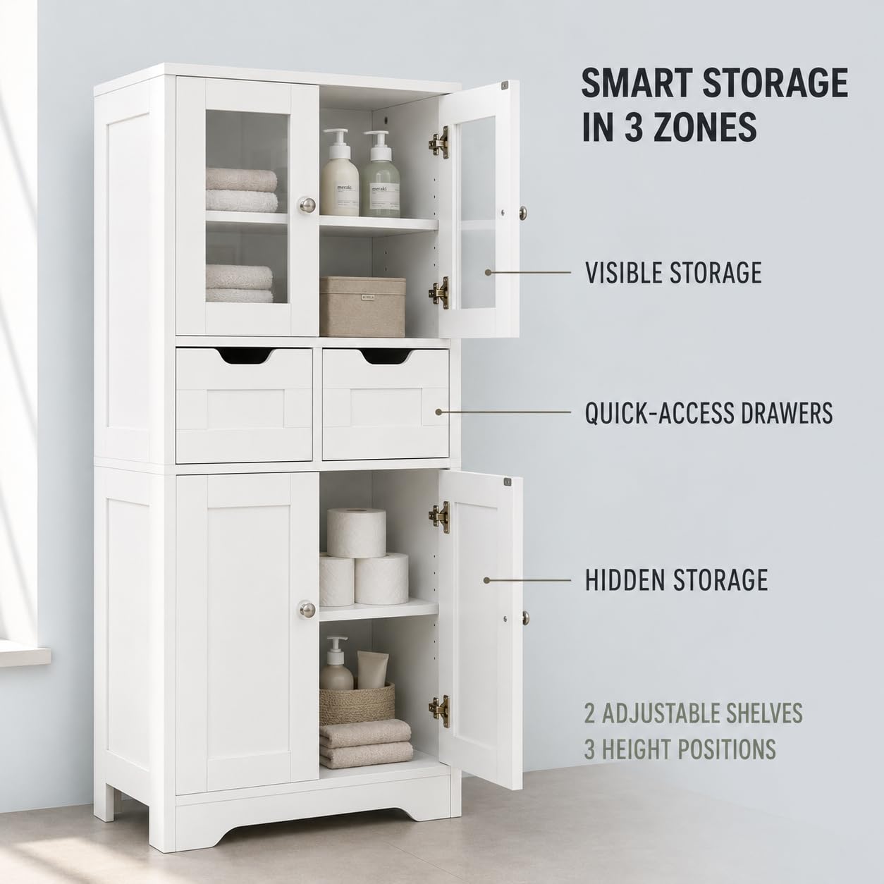 Mueble Columna de Baño Blanco, 30 cm de Fondo, 2 Cajones, 128 cm de Alto | Armario auxiliar para baño con 2 puertas de vidrio, 2 puertas opacas y 2 estantes regulables en 3 alturas.