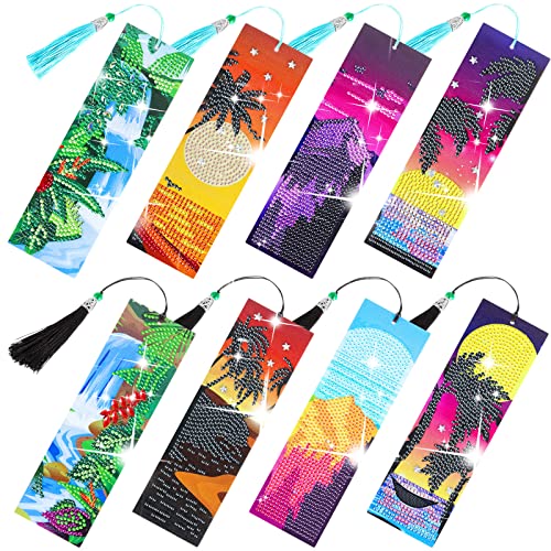 8 Pieces Scenery Theme Diamond Painting Bookmark Kits 5D Diamond Art Bookmarks With Tassel Pu Leather Mountain Sea Waterfall Landscape Style Diamond Bookmark Kit For Adults Kids Diy #TOP14