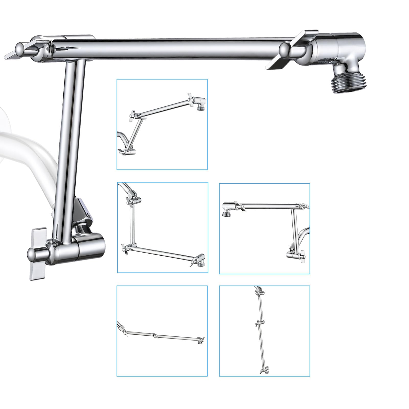 PDPBath Brass 16 Inch Shower Head Extension Arm, Upgrade Flexible Height &amp; Angle Adjustable Shower Arm Extender with Lock Joints, for Fixed Shower Head &amp; Handheld Shower Head, Chrome