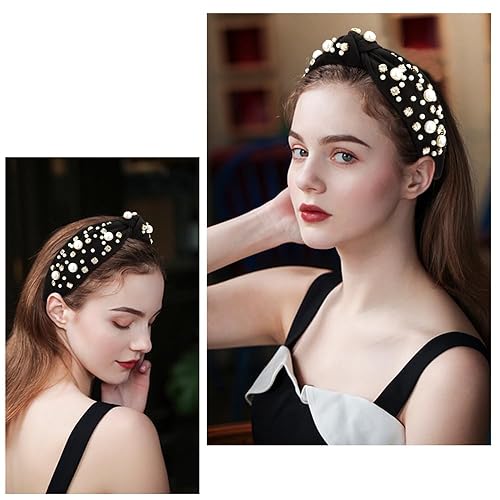 Miniatura 4 de Diadema negra con nudo superior ancho con perlas de diamantes de imitación para el cabello de las mujeres, diademas adornadas para el cabello