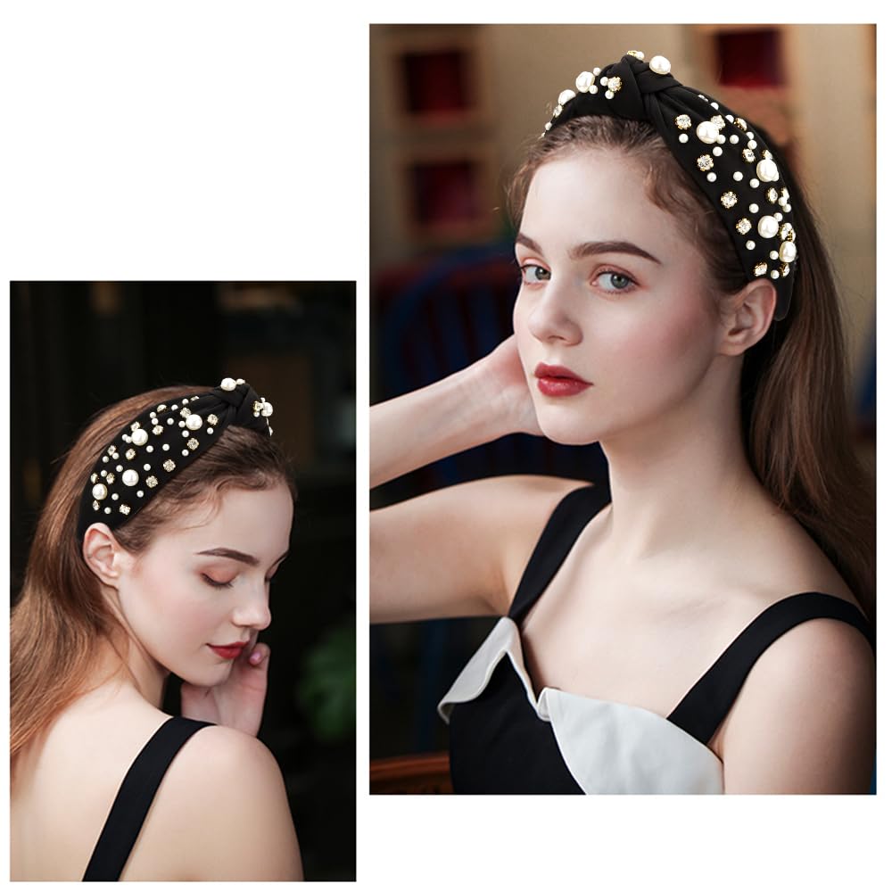 Amazon.com : Atoden Black Wide Top Knot Headband with Pearl  display picture 3