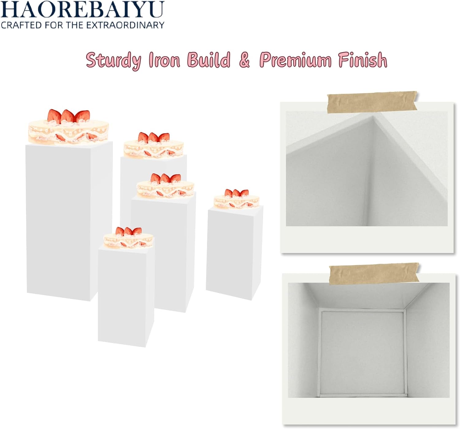 5-Pack Square Pedestal Stands Set - 5 Sizes (88x38 to 45x22cm) Heavy Duty Iron Cake Display Stand for Desserts, Pastries, Jewelry, Wedding, Bakery - Modern White Tiered Stands