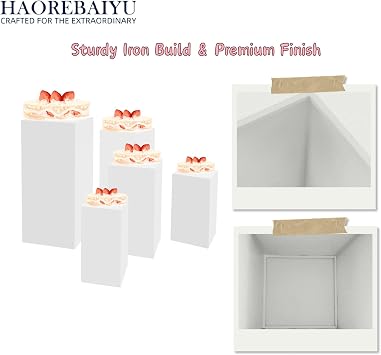 5-Pack Square Pedestal Stands Set - 5 Sizes (88x38 to 45x22cm) Heavy Duty Iron Cake Display Stand for Desserts, Pastries, Jewelry, Wedding, Bakery - Modern White Tiered Stands