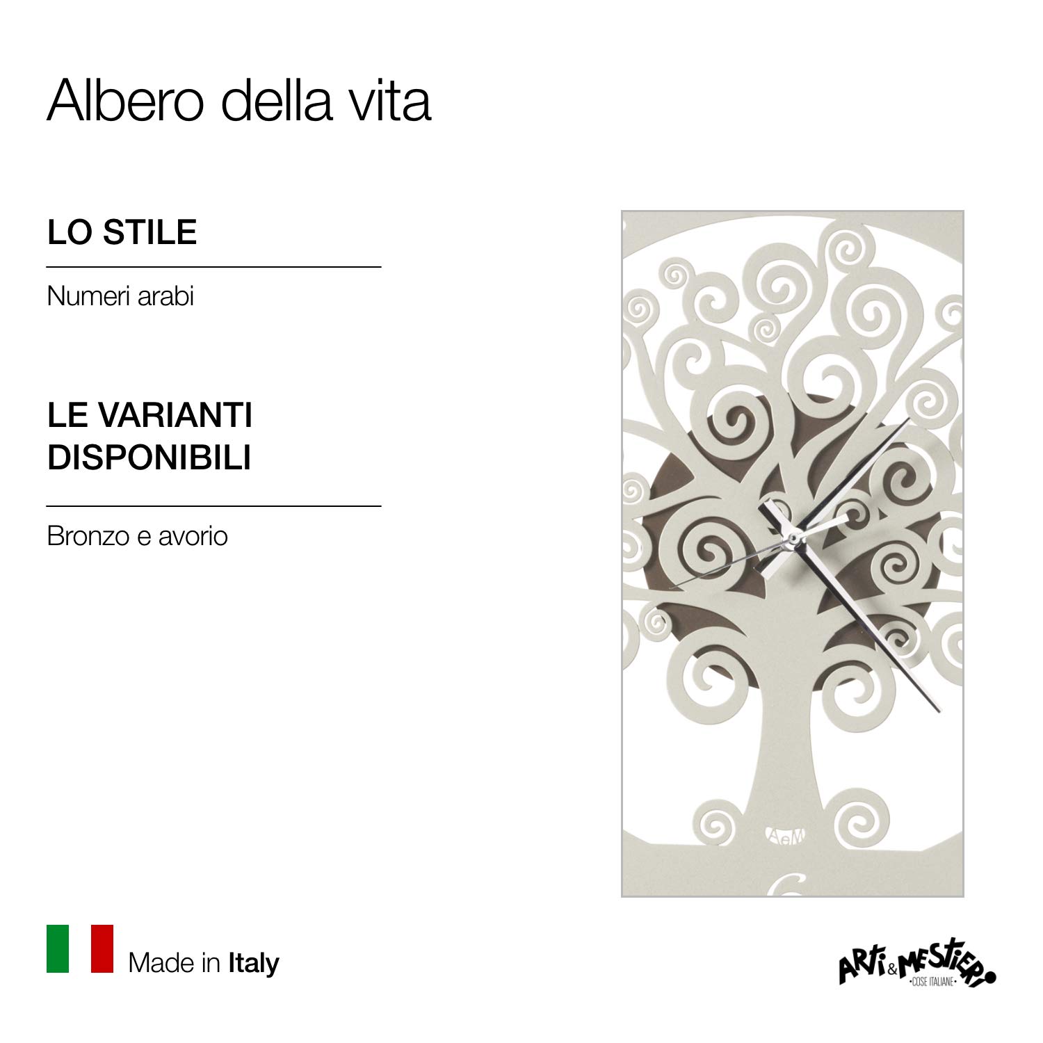 Arti & Mestieri Albero della Vita - Orologio da Parete di Design 100% Made in Italy - in Ferro, Diametro 44 cm - Bronzo e Avorio