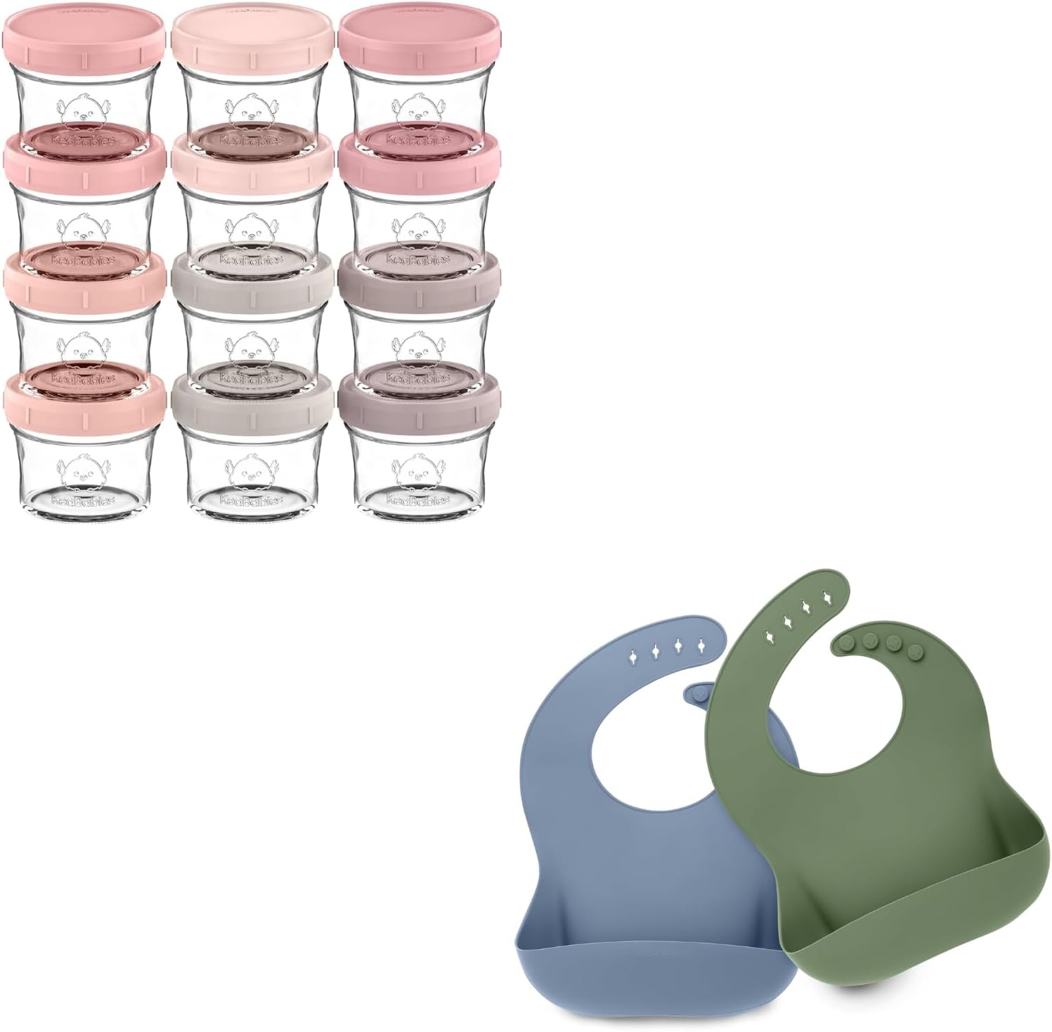 KeaBabies 12-Pack Baby Food Glass Containers and 2-Pack Baby Silicone Bibs - 4 oz Leak-Proof, Microwavable, Baby Food Storage Container - Waterproof, Easy Wipe Silicone Bib for Babies, Toddlers