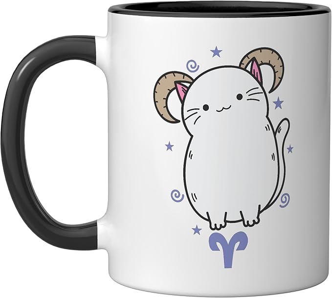 Aries Zodiac Sign as a Cat Horoscope Ceramic Mug, Black/White