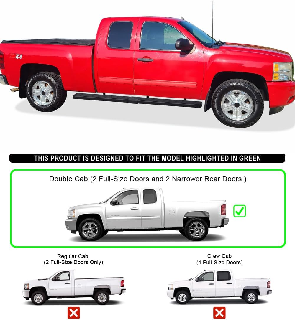 APS Running Boards (Nerf Bars Steps) Compatible with Chevy Silverado GMC Sierra 1500 2500 1999-2013 Double Cab 6.5ft Bed & 2500HD 3500 2001-2014 (Stainless Steel Black 6 inches Wheel to Wheel)