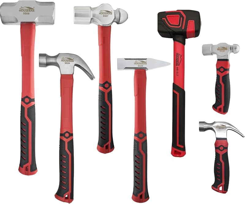 Juego de martillo de 7 piezas, garra, bola, trineo y mazo de goma | Incluye martillos de garra de 16 oz y 12 oz, martillos de bola de 13 oz y 2 lb, mazo de 3 lb, martillo de ingeniero y mazo de goma de 10 oz