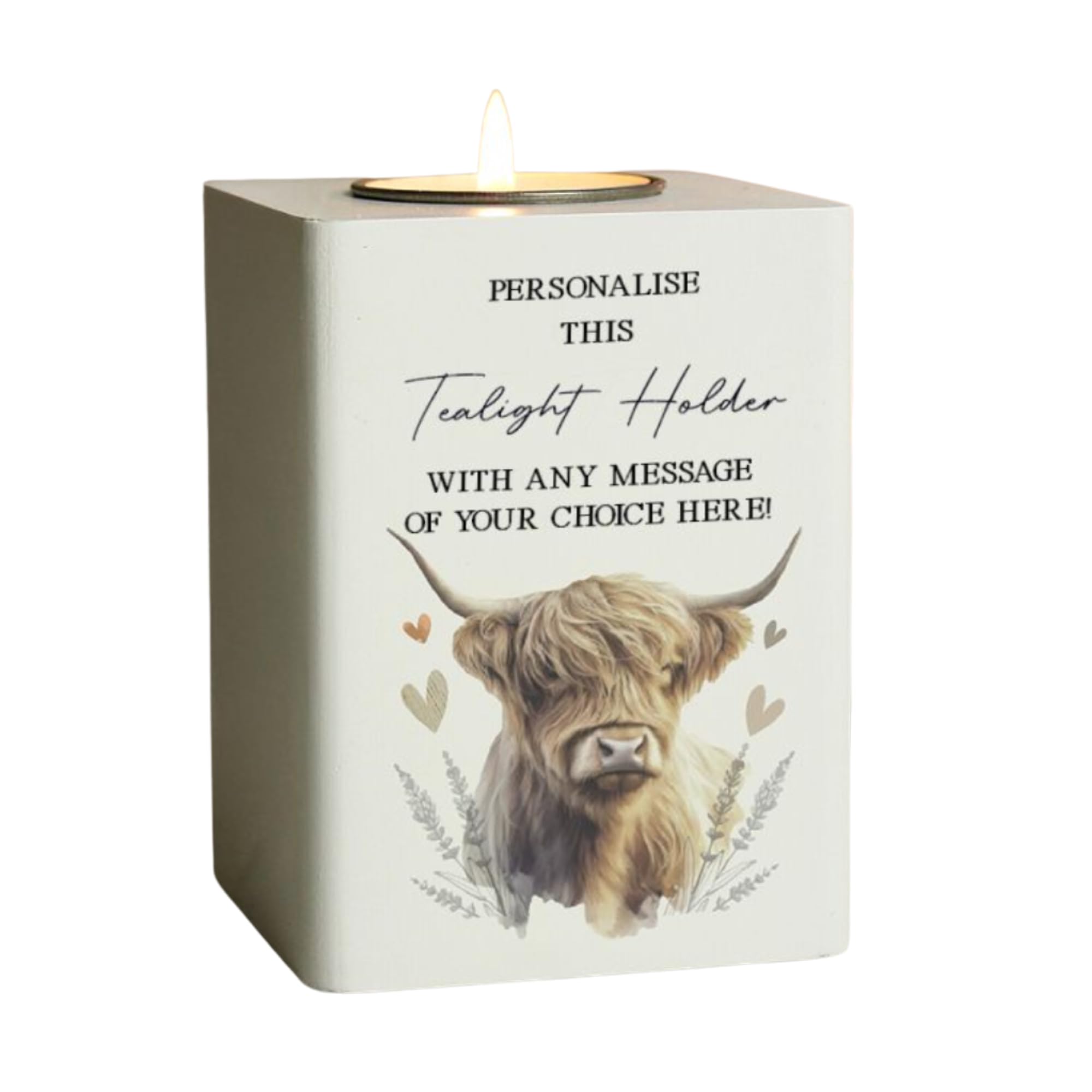 Caleli Gifts White Personalised Wooden Tealight. Highland Cow Tealight Holder