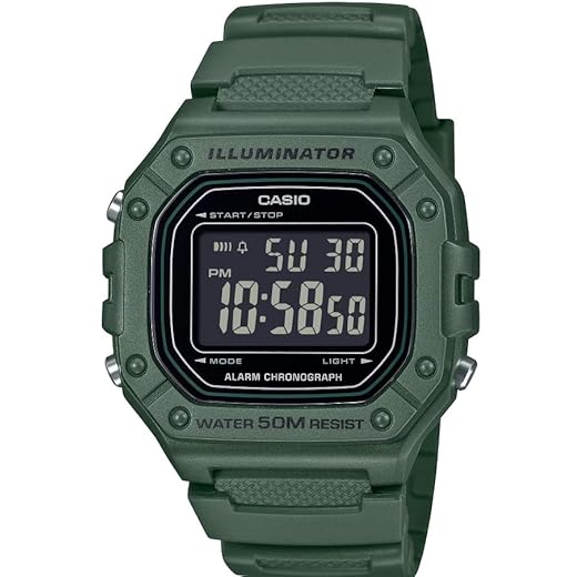 Casio Série W-218H | Verde | Bateria de 7 anos | Iluminador LED | Cronômetro de 1/100 segundo | Alarme Diário | Relógio Digital, Verde