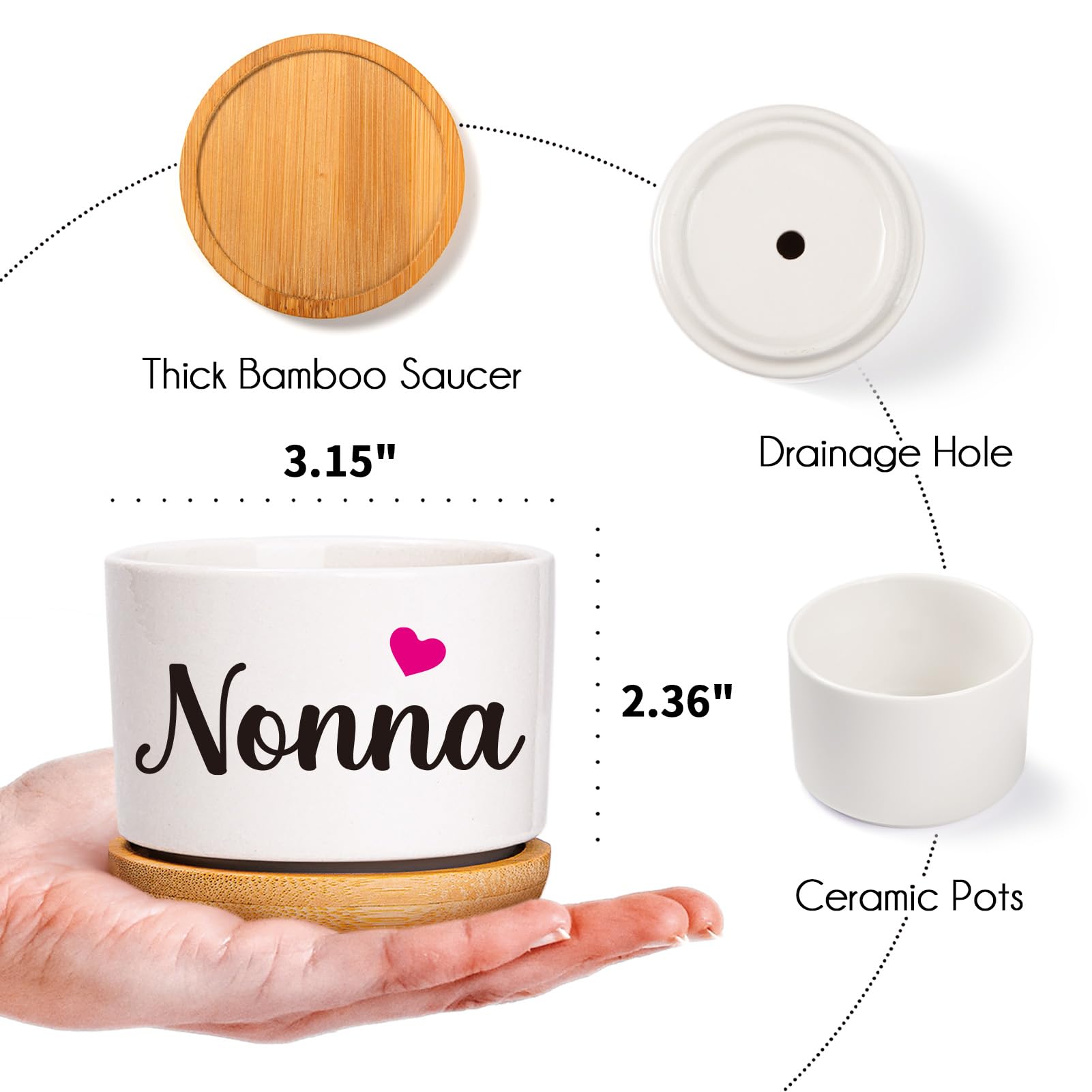 AceThrills Nonna Gifts for Birthday, Nonna for Nonnas from Grandkids, Unique Present on Thanksgiving Christmas - 3 Pcs 3.15" Succulent Pots with Bamboo Tray