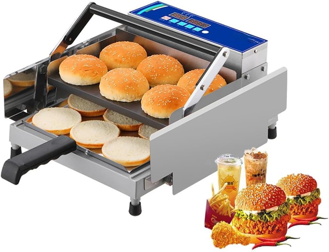 à hamburgers électrique double couche, grill commercial 850 W avec température réglable de 50 à 300 °C, minuterie de 0 à 60 minutes et signal sonore, établissements de restauration.
