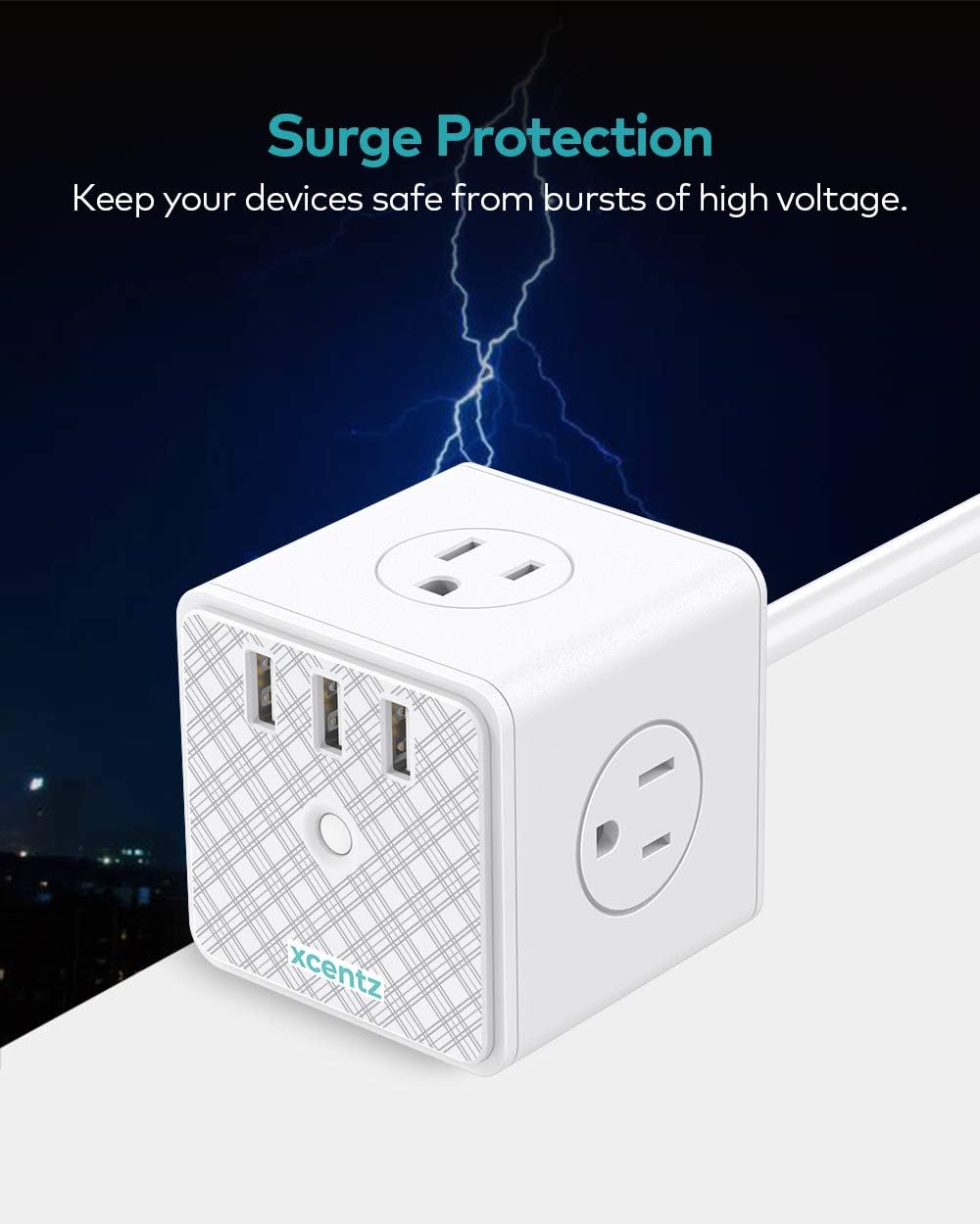 Xcentz Power Strip Cube White with USB 4 Outlet and 3 USB Ports Surge Protector Power Strip Flat Plug with 5 ft Extension Cord, Overload Protection, Switch Control Compact for Desktop, Office, Home