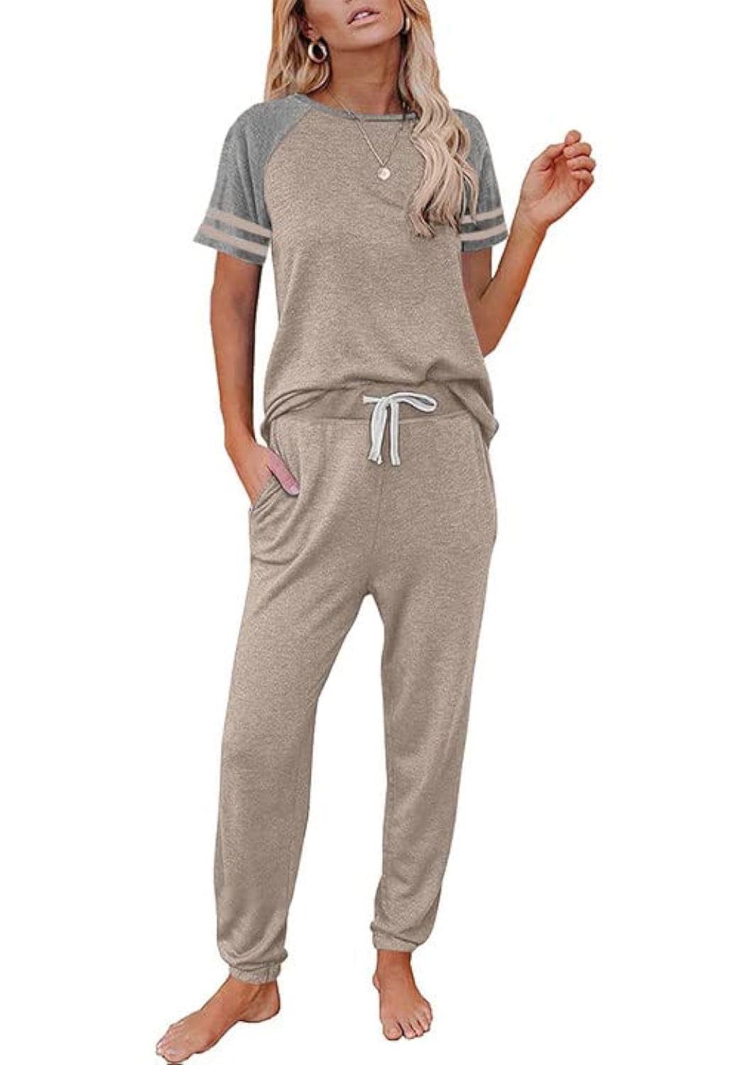 PRETTYGARDEN Women Summer Two Piece Outfits Striped Short Sleeve Pullover and Long Pants Tracksuit Travel Pajama Lounge Set