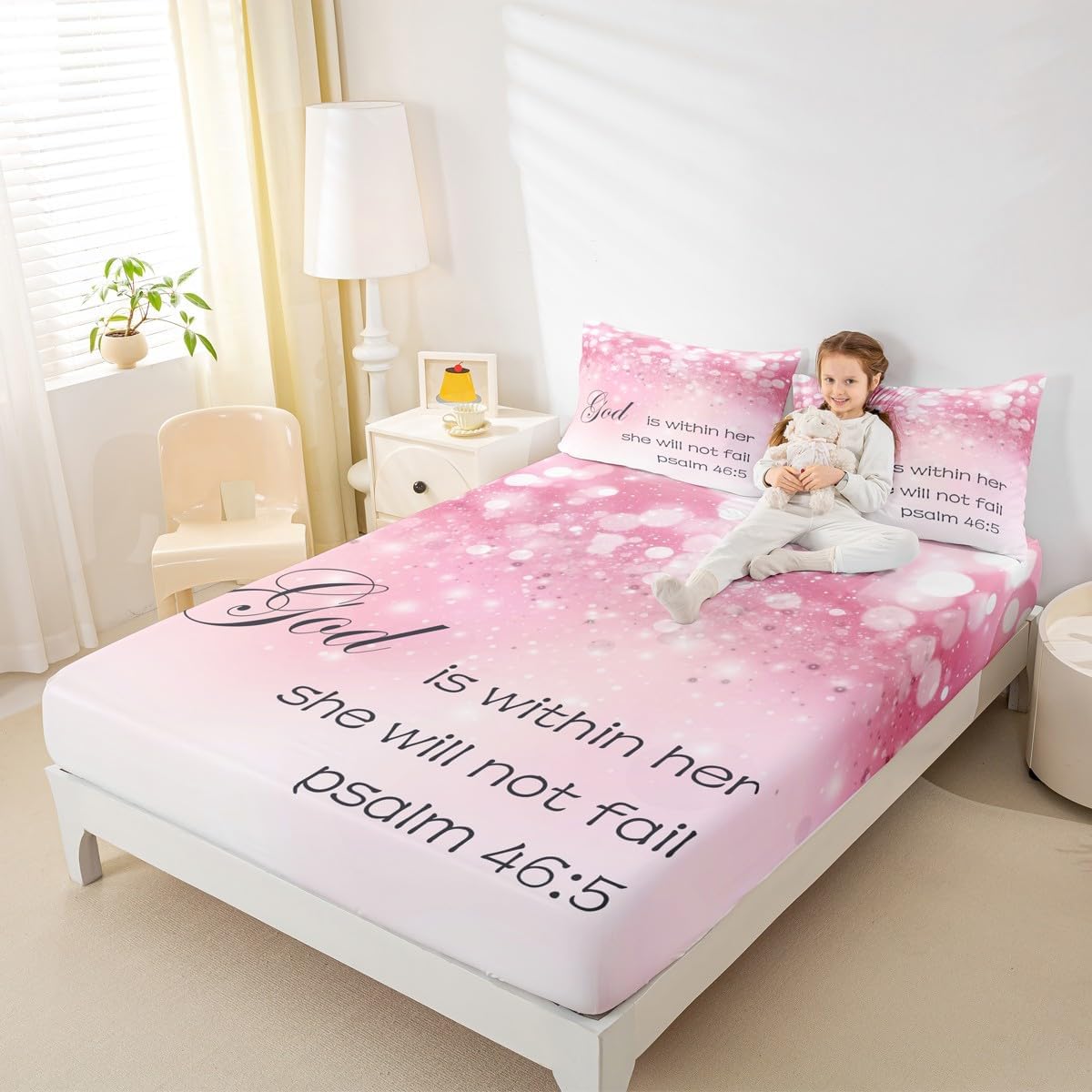 Feelyou Blessed Words Sheets with Deep Pocket Fitted Sheet Glitter (No Glitter No Sequin) Pink Sheet Set Positive Words Bed Sheets Set for Girls Microfiber Faith Words Bedding Set Room Decor King