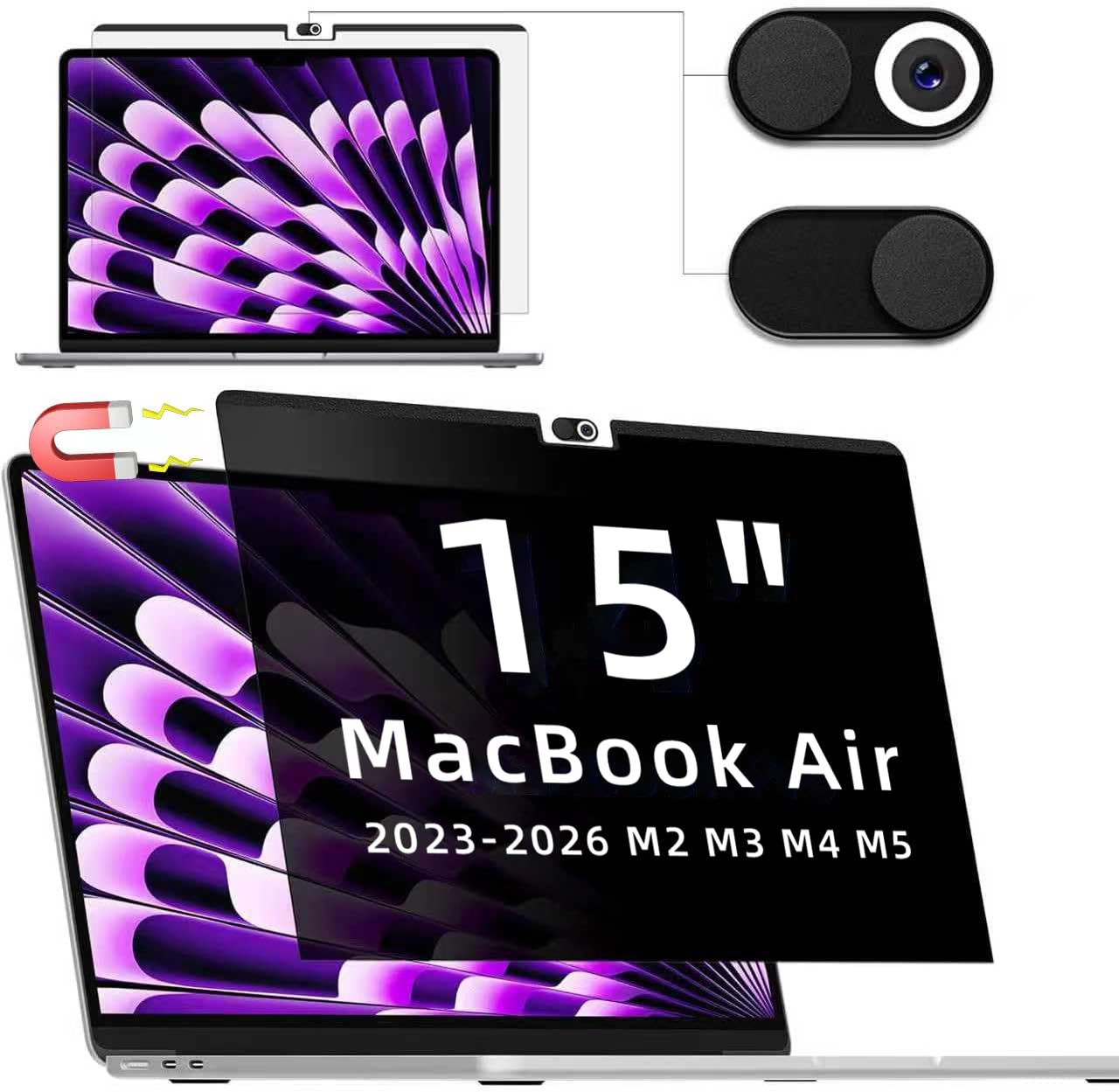 IPROKKO Magnetic Privacy Screen Protector Compatible with MacBook Air 15 Inch (2023-2026, M2 M3 M4 M5) - A2941 A3114 A3241 A3448 , Removable Matte Anti Glare Blue Light Spy Filter for Mac Air 15.3" Laptop