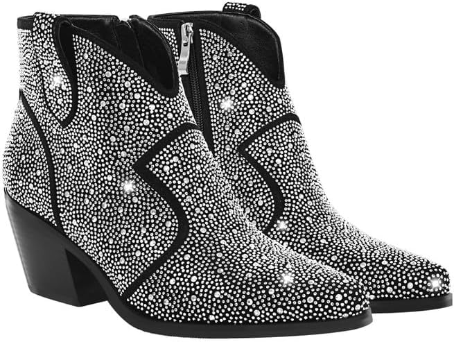 sexytag Women's Rhinestone Western Sparkly Cowboy Chelsea Boots Chunky Low Heel Pointed Toe Pull-On Short Ankle Booties