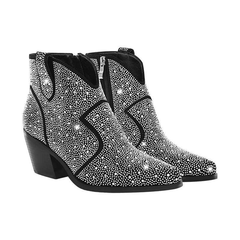 sexytag Women's Rhinestone Western Sparkly Cowboy Chelsea Boots Chunky Low Heel Pointed Toe Pull-On Short Ankle Booties3
