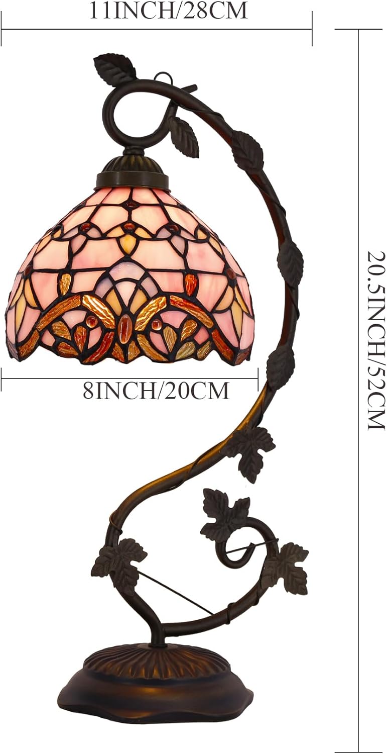 WERFACTORY Tiffany Table Lamp Pink Stained Glass Baroque Style Reading Desk Light, Metal Leaf Base 8X10X21 Inches Decor Small Space Bedside Bedroom Home Office S003P Series