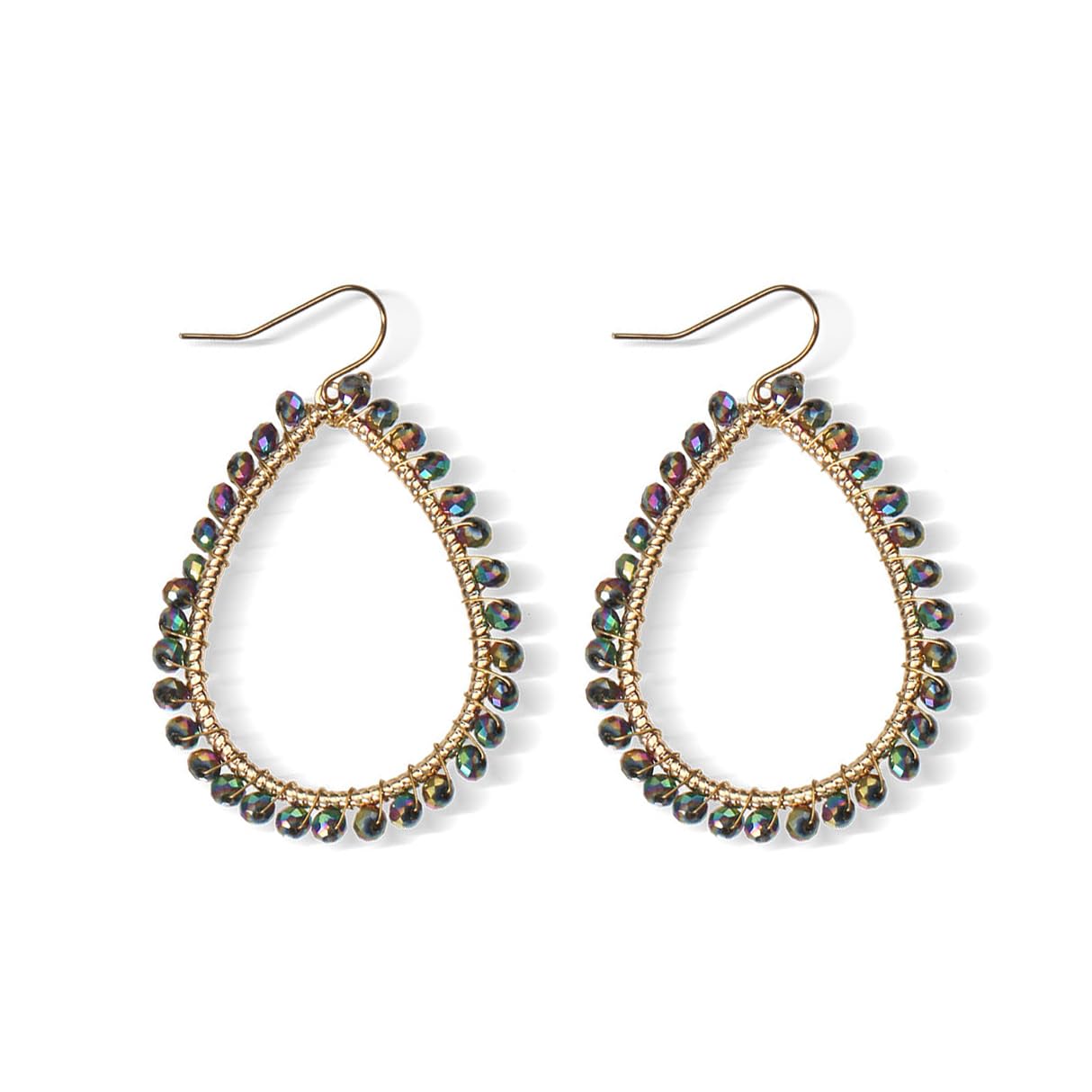 Bohemian Boho Beaded Teardrop Dangle Drop Earrings Hollow Sparkly Crystal Gold Wire Wrapped Crystal Earrings for Women Statement Jewelry